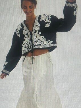 Free People Bali Mabel Cropped Black Quilted White Embroidery Cotton Jacket NEW